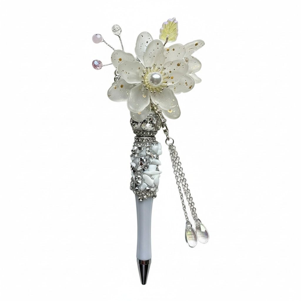 Bloemen pen wit, kralenpen, origineel cadeau voor haar
