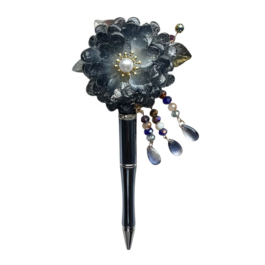 Bloemen pen blauw, kralenpen, origineel cadeau voor haar