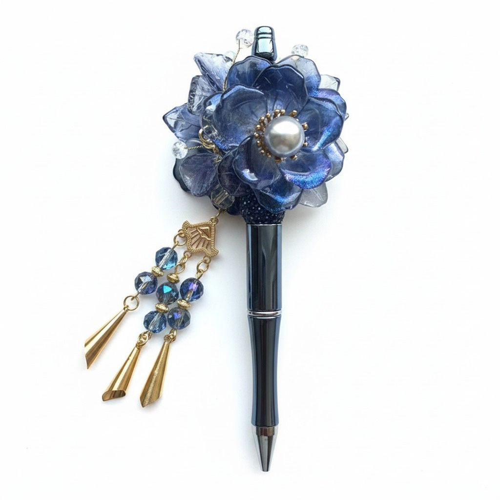 Bloemen pen blauw, kralenpen, origineel cadeau voor haar