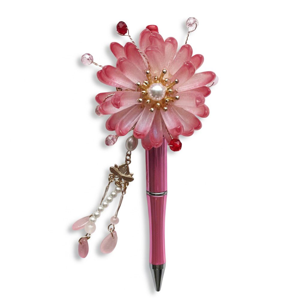 Bloemen pen rood/roze, kralenpen, origineel cadeau voor haar