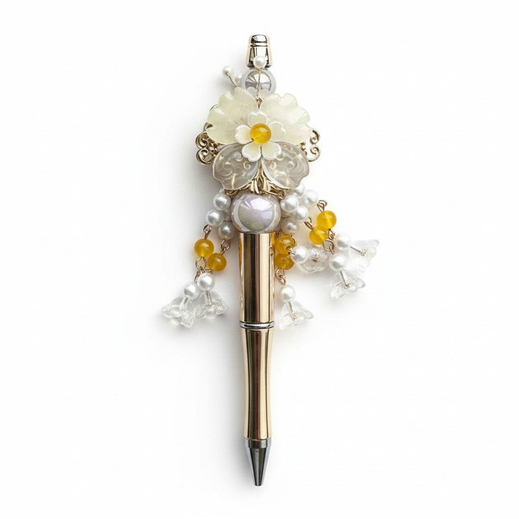 Bloemen pen geel, kralenpen, origineel cadeau voor haar