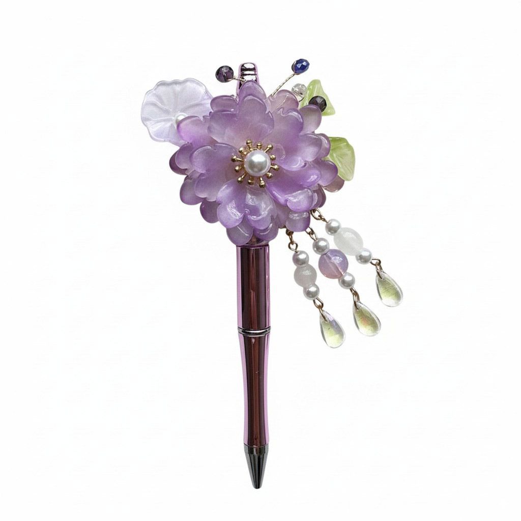 Bloemen pen paars , kralenpen, origineel cadeau voor haar