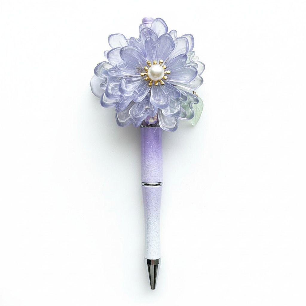 Bloemen pen paars transparant, kralenpen, origineel cadeau voor haar